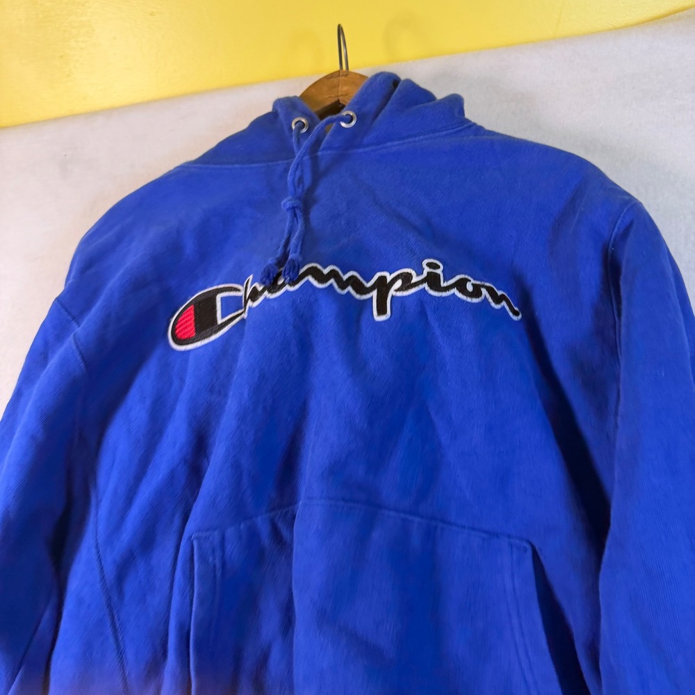 Champion Reverse Weave Royal Blue Script Logo Hoodie Sweatshirt Mens Medium